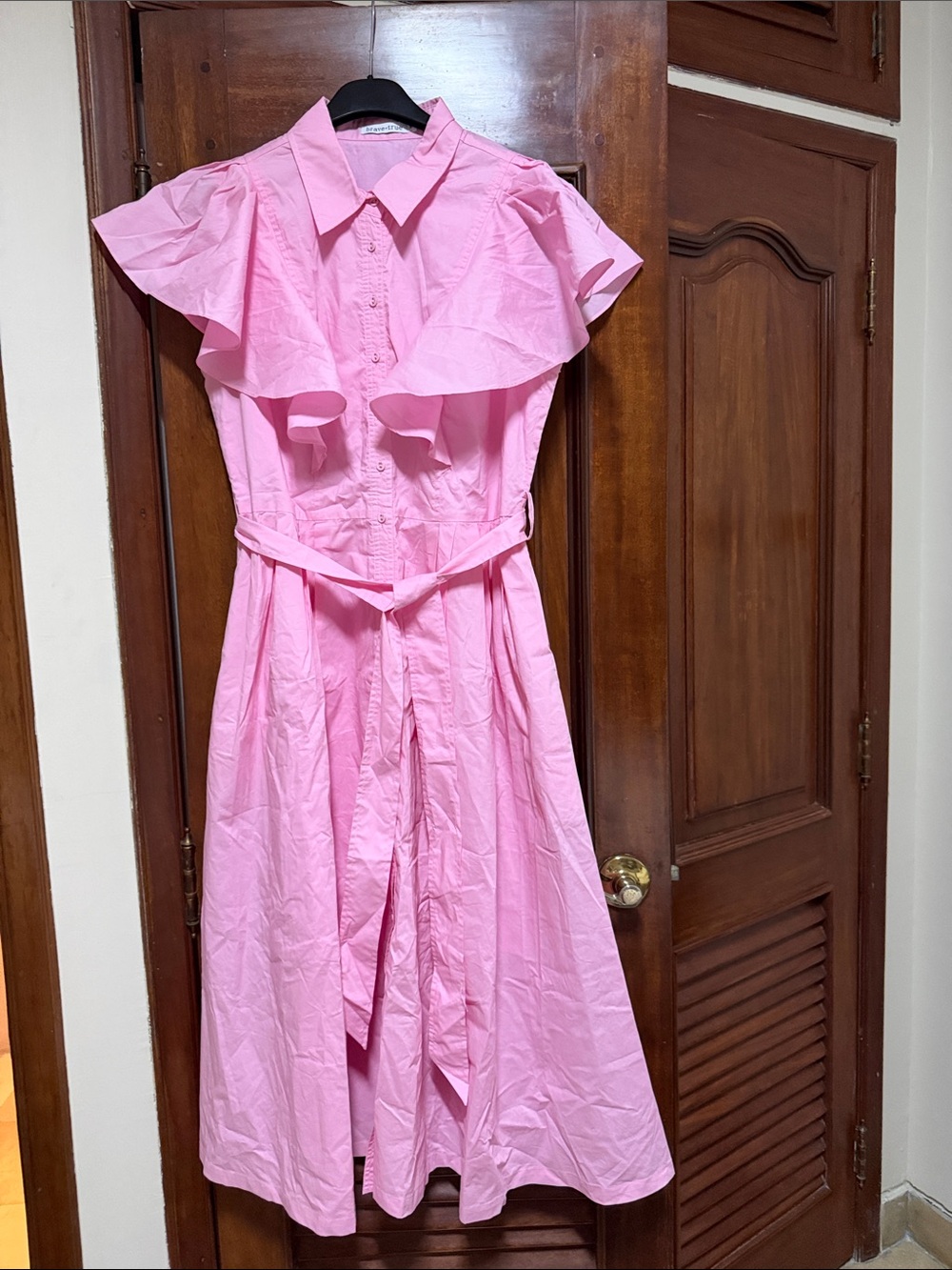 Ruffled Pink Midi Shirt Dress with Self-Tie Waist